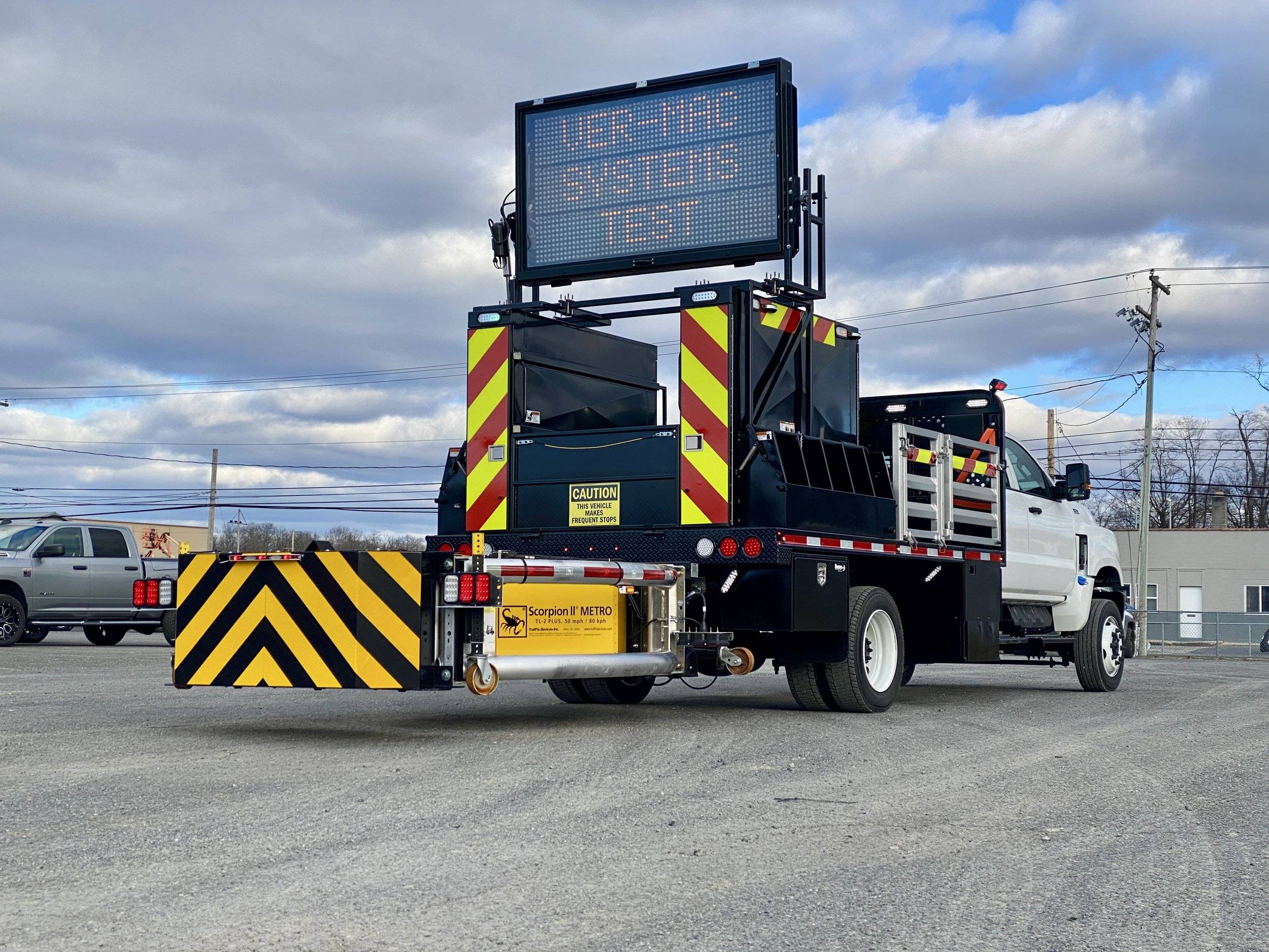 PG County TPB Attenuator truck (not) crash truck with Scorpion Metro 2 TMA crash cushion halo light and vermac VMS board.jpg