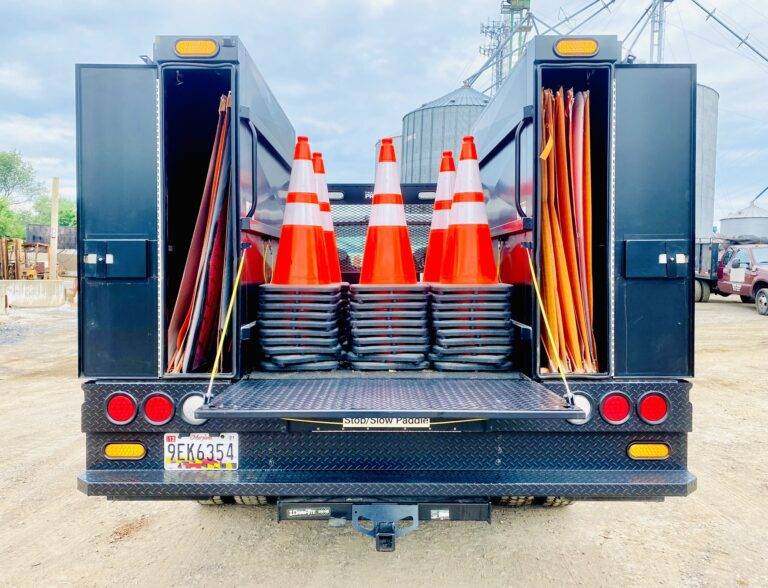 300 Series Deluxe Traffic Pro Bed Traffic Control Safety Cone Truck with load of cones and signs for a Work Zone Set Up